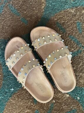 BAMBOO Tan Double-Strap Studded Women’s Slide Sandals